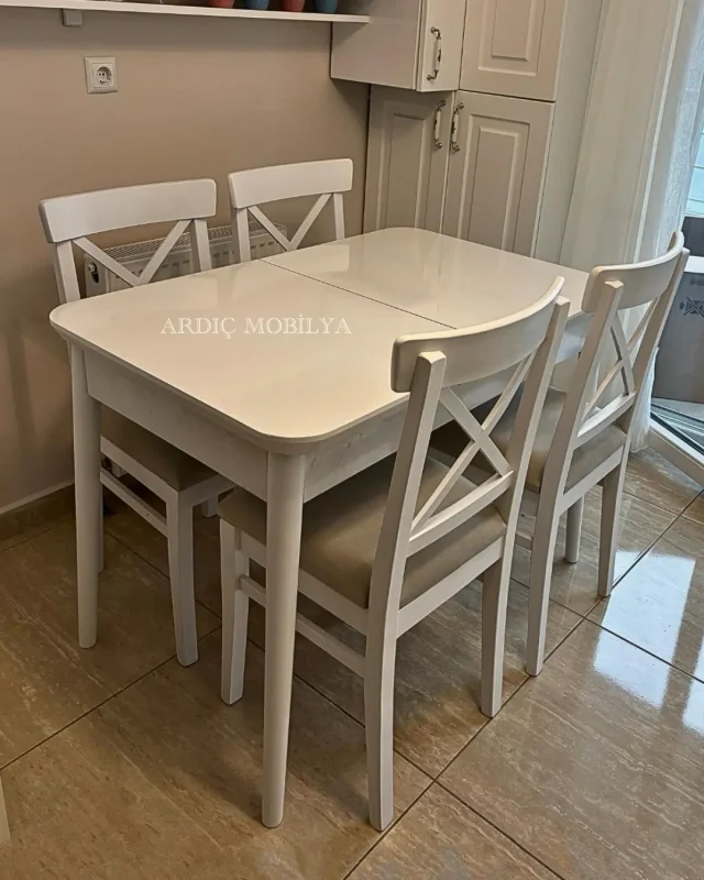Küçük beyaz açılır mutfak masası çapraz sandalye takımı kompakt tasarım Ankara Ardıç Mobilya