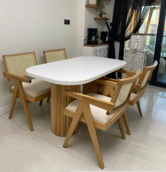 Modern 6 kişilik yemek masası sandalye takımı beyaz tabla ahşap ayak hasır sandalye Ankara Ardıç Mobilya