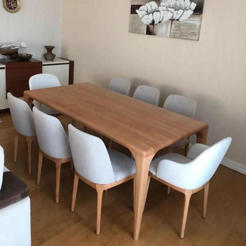 8 kişilik salon yemek masası gri kumaş sandalye takımı ahşap modern tasarım
