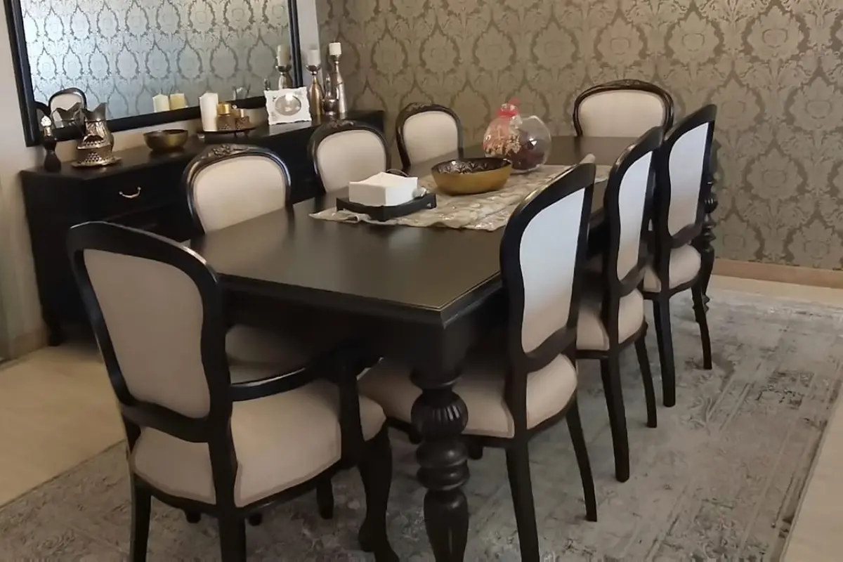 8 kişilik oymalı klasik salon masa takımı siyah beyaz kumaş döşemeli İstanbul