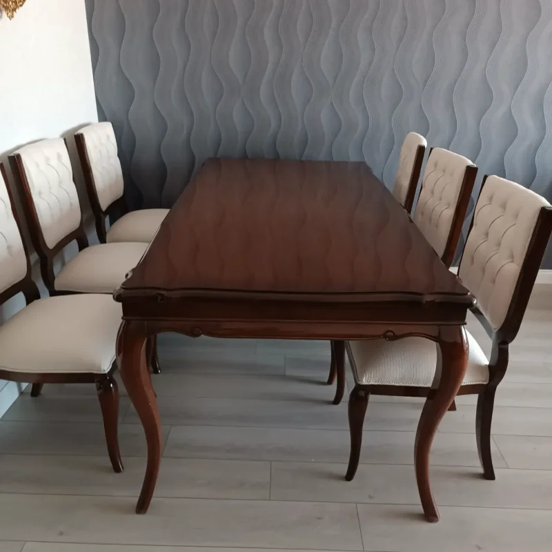 Klasik yemek odası takımı krem kumaş döşemeli 6 sandalye İstanbul