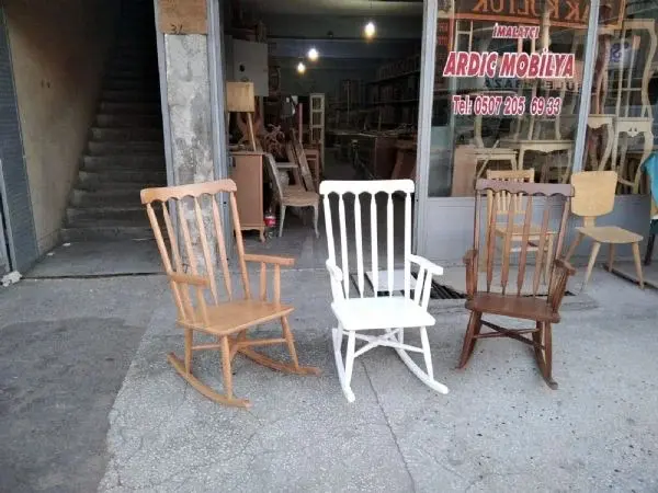 Ankara Siteler imalatı masif gürgen sallanan sandalye modelleri: Natürel, ceviz, beyaz.