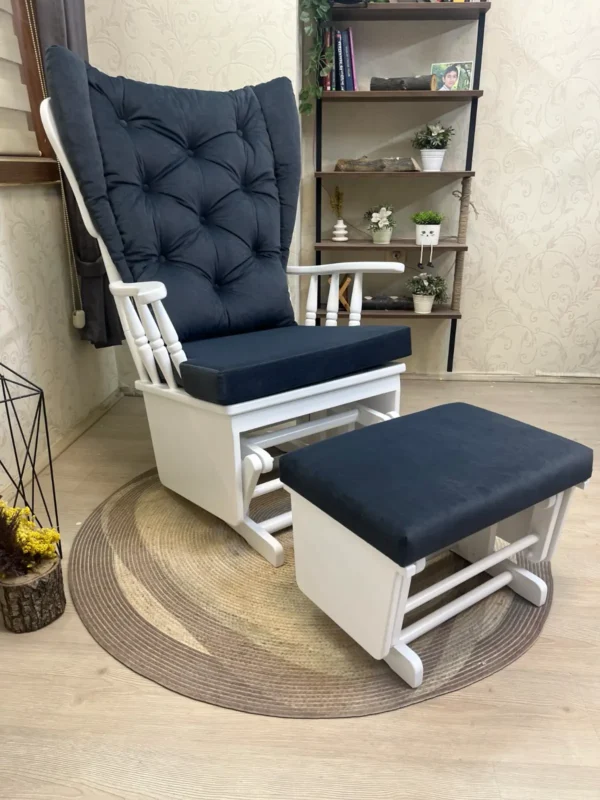 Niğde lacivert kapitoneli beyaz ahşap sallanır anne koltuğu ve puf